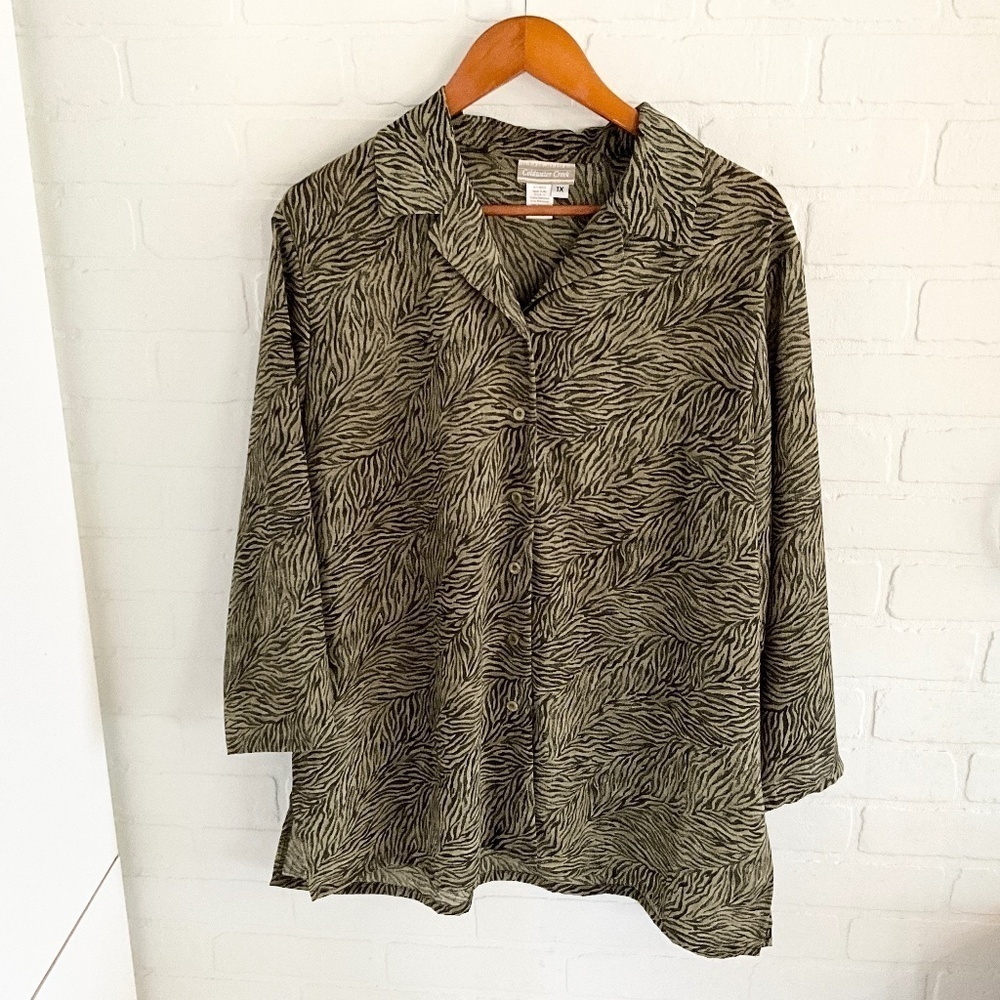 Vintage Button down Blouse Animal print Zebra Olive green black Mobwife 1X
